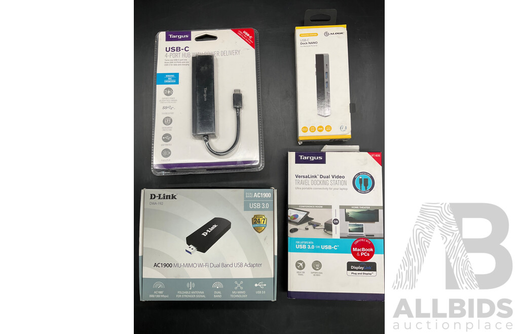 D-LINK Wi-fi Dual Band USB Adapter, TARGUS Travel Docking Station, ALOGIC Dock Nano, TARGUS 4 Port Hub with Power Delivery - Lot of 4  - ORP $459