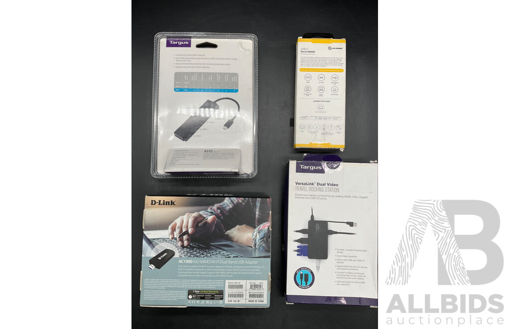 D-LINK Wi-fi Dual Band USB Adapter, TARGUS Travel Docking Station, ALOGIC Dock Nano, TARGUS 4 Port Hub with Power Delivery - Lot of 4  - ORP $459