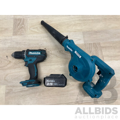 MAKITA (DHP482) 18V Li-ion Cordless Hammer Driver Drill, MAKITA 18V Blower, MAKITA 3.0Ah Battery - Lot of 3