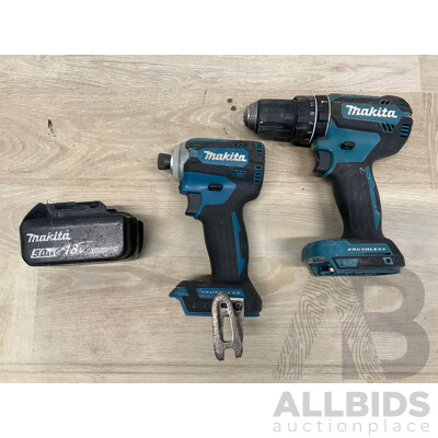 MAKITA (DHP485) 18V Hammer Driver Drill, MAKITA (DTD171) 18V Impact Driver, MAKITA 5.0Ah Battery - Lot of 3