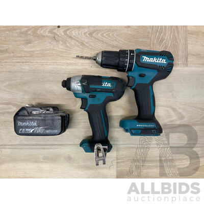 MAKITA (DHP485) 18V Hammer Driver Drill, MAKITA (TD110D) 10.8V Impact Driver, MAKITA 4.0Ah Battery - Lot of 3