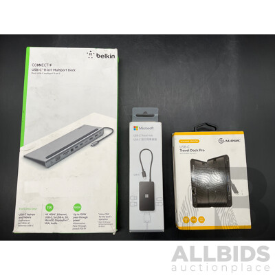 BELKIN Connect Multiport Dock, MICROSOFT Travel Hub, ALOGIC Travel Dock Pro - Lot of 3  - ORP $599