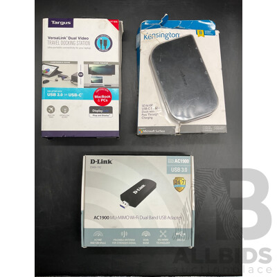 D-LINK Wi-fi Dual Band USB Adapter, TARGUS Travel Docking Station, KENSINGTON Dock with Pass Through Charging - Lot of 3  - ORP $469