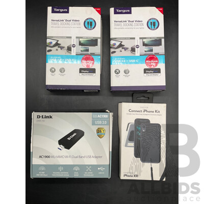 D-LINK Wi-fi Dual Band USB Adapter, TARGUS Travel Docking Station, PROPER Connect IPhone Kit - Lot of 4  - ORP $449