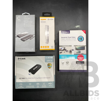 D-LINK Wi-fi Dual Band USB Adapter, TARGUS Travel Docking Station, COMSOL Multi Port Adapter, ALOGIC Dock Nano - Lot of 4  - ORP $499