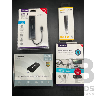 D-LINK Wi-fi Dual Band USB Adapter, TARGUS Travel Docking Station, ALOGIC Dock Nano, TARGUS 4 Port Hub with Power Delivery - Lot of 4  - ORP $459