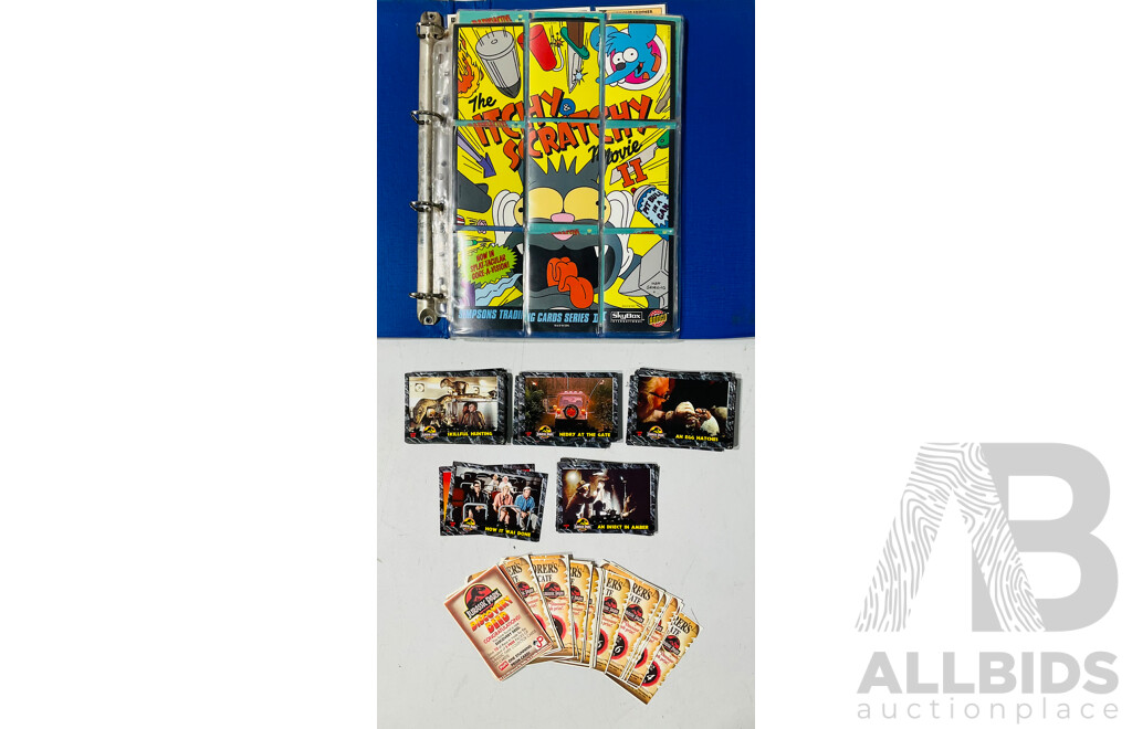 Large Collection of Simpson’s Trading Card Series 2 in Binder and Jurassic Park Trading Cards