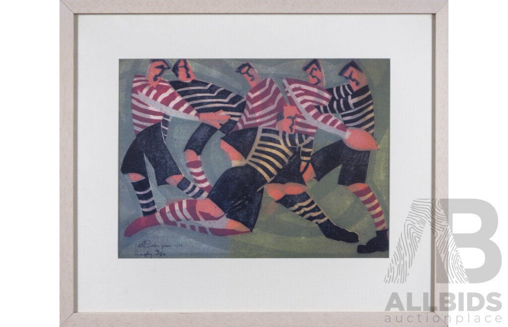 William E. Greengrass (20th Century, British, 1896-1970), Rugby, 1933, Quality Reproduction Print of Original Linocut, 41 x 49 cm (frame)