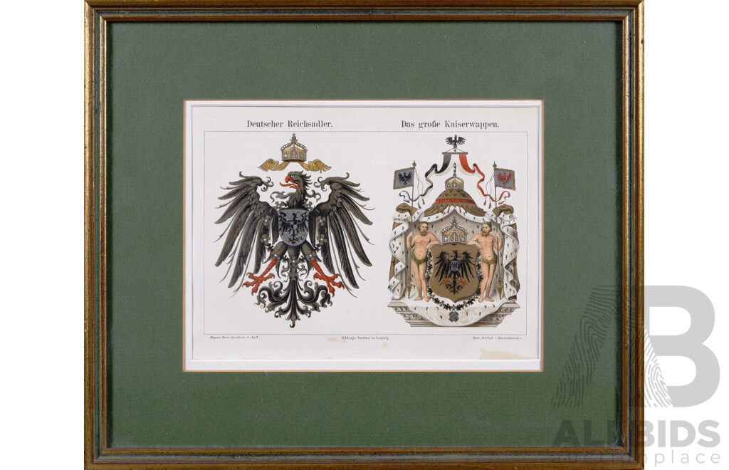 the German Imperial Eagle and the Imperial Coat of Arms, Chromolithograph From Meyers Konversations Lexikon (1897), 28 x 34 cm (frame)