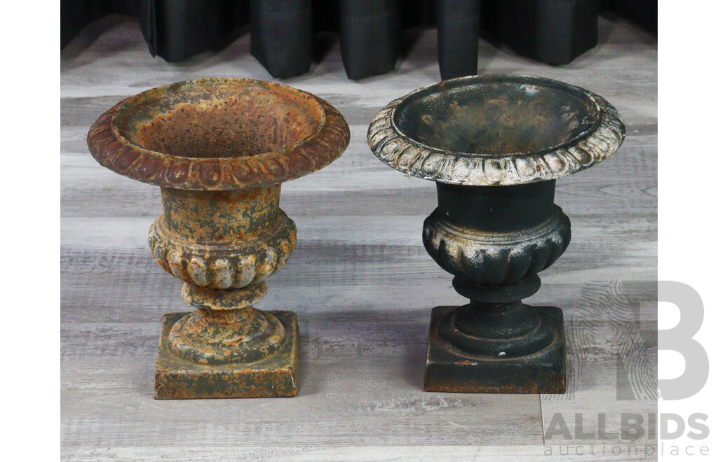 Pair of Small Cast Iron Garden Urns