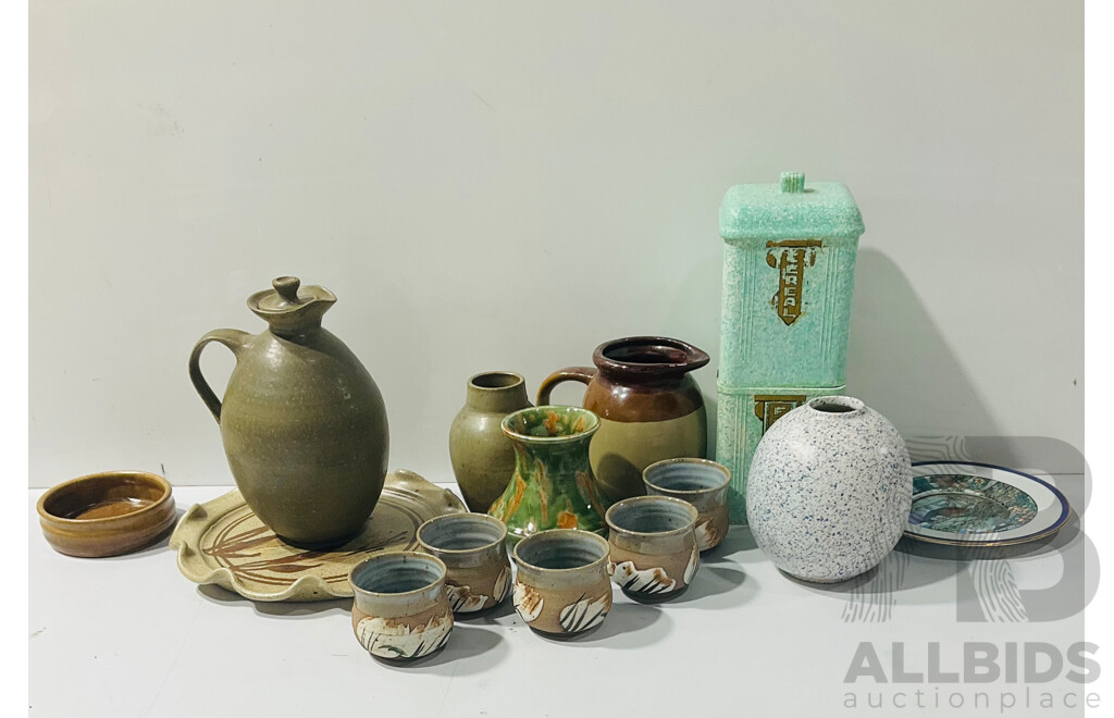 Collection Australian Studio Pottery and Other Vintage Items Including Green Vintage Fowlers Example Vase, Two Bakelite Lidded Art Deco Canisters and More