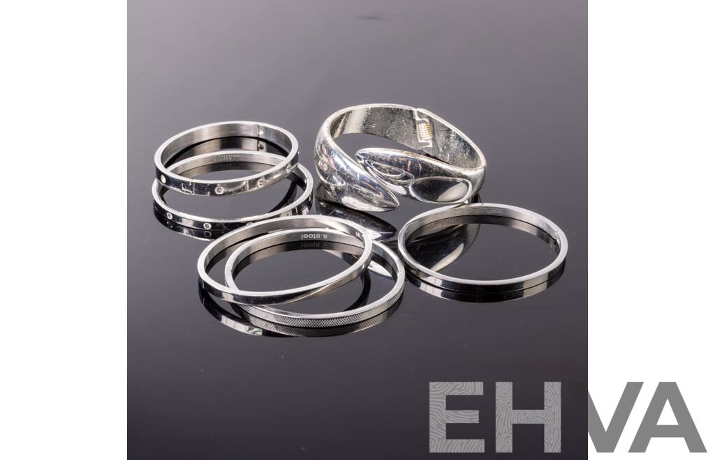 Collection of (6) Stainless Steel Oval Hinged Love Bangles, 58mm and Hinged Silver Tone Cuff Bangle 62mm