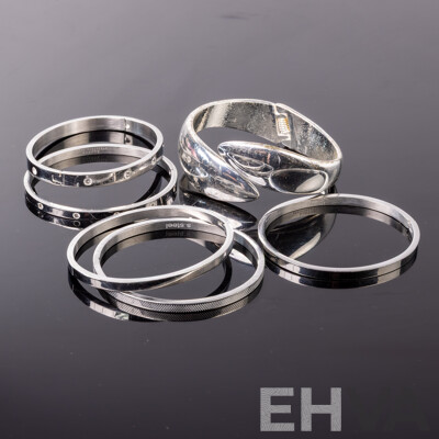 Collection of (6) Stainless Steel Oval Hinged Love Bangles, 58mm and Hinged Silver Tone Cuff Bangle 62mm