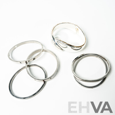 Collection of (6) Stainless Steel Oval Hinged Love Bangles, 58mm and Hinged Silver Tone Cuff Bangle 62mm