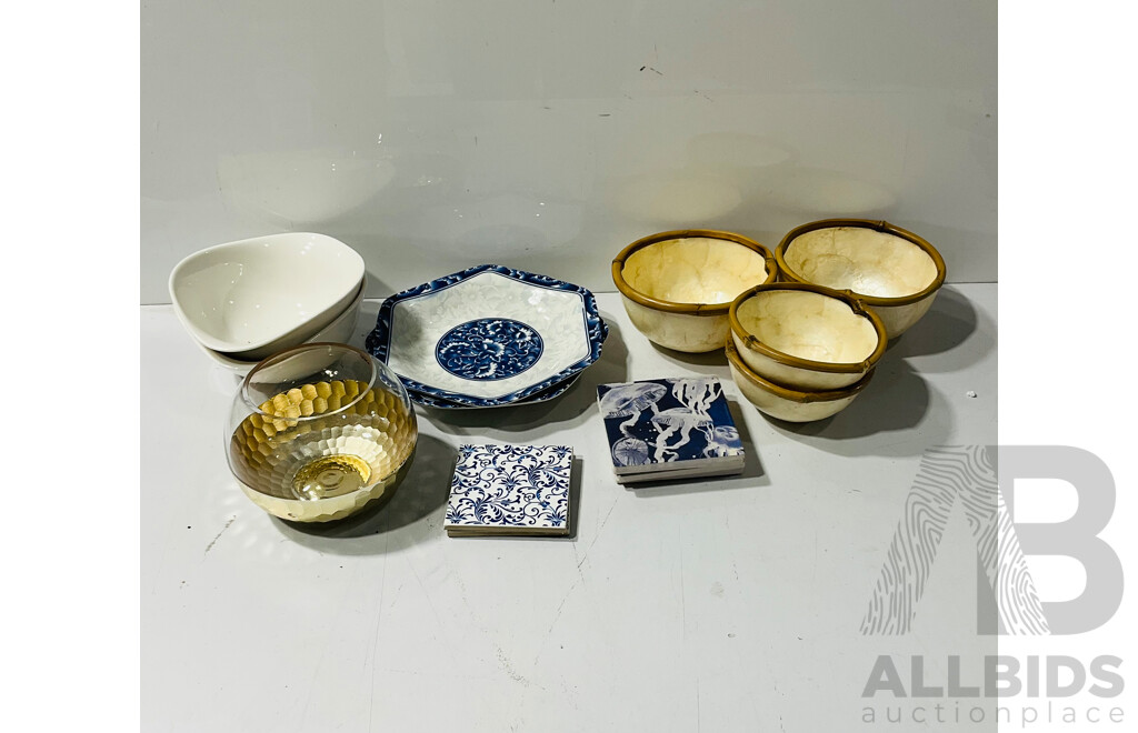 Collection Decorator Items Including Set Four Mother of Pearl Bowls, Two Villeroy & Boch White Bowls and More