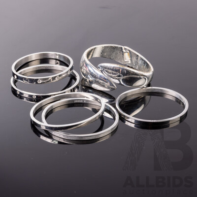 Collection of (6) Stainless Steel Oval Hinged Love Bangles, 58mm and Hinged Silver Tone Cuff Bangle 62mm