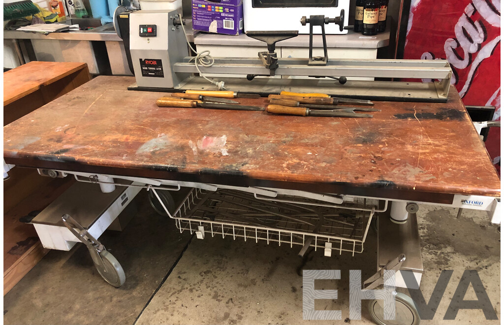 Ryobi 1000mm Wood Turning Lathe with Tools and Oxfrod Mobile Medical Bed with Benchtop