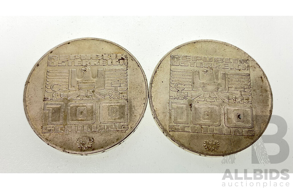 Two Austrian 1976 Silver One Hundred Schilling Winter Olympics Coins .640