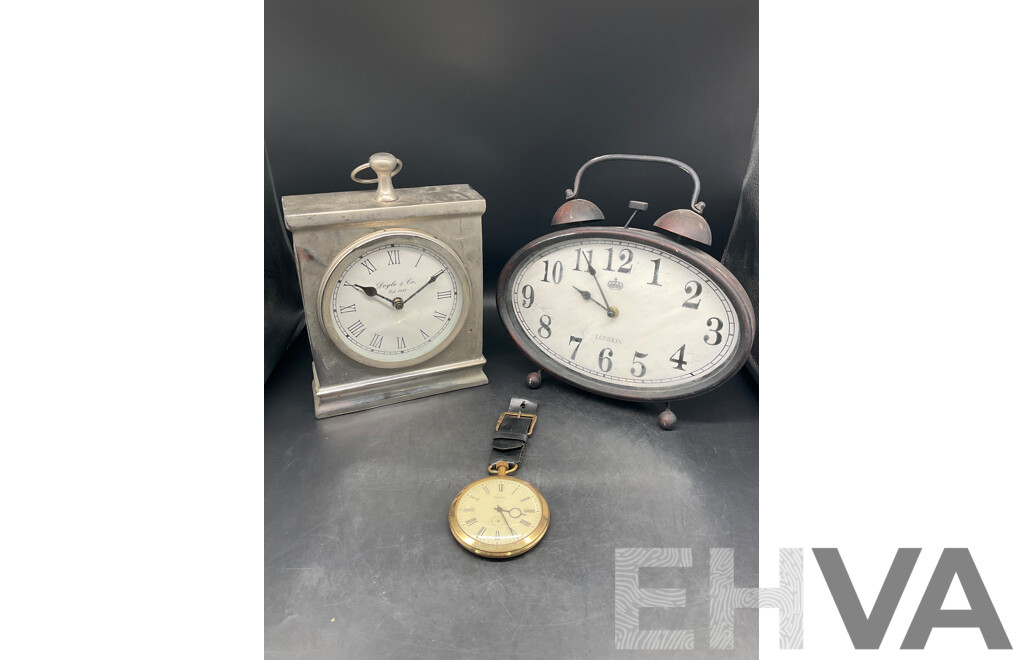 Assorted Clocks -  Oversize Fob Style Smiths Wall Clock Together with Two Wall Clocks - Lot of 3