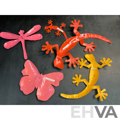 Bulk Lot of Metal Decorative Metal Indoor Outdoor Hanging Wall Art - Assorted Colors, Sizes and Designs - Gecko Lizard / Butterfly / Dragonfly - Lot of 42