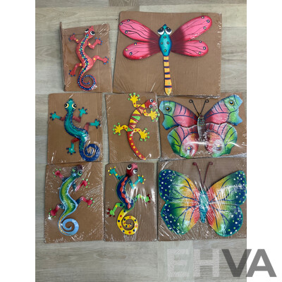 Bulk Lot of Metal Decorative Metal Indoor Outdoor Hanging Wall Art - Assorted Colors, Sizes and Designs - Gecko Lizard / Butterfly / Dragonfly - Lot of 42