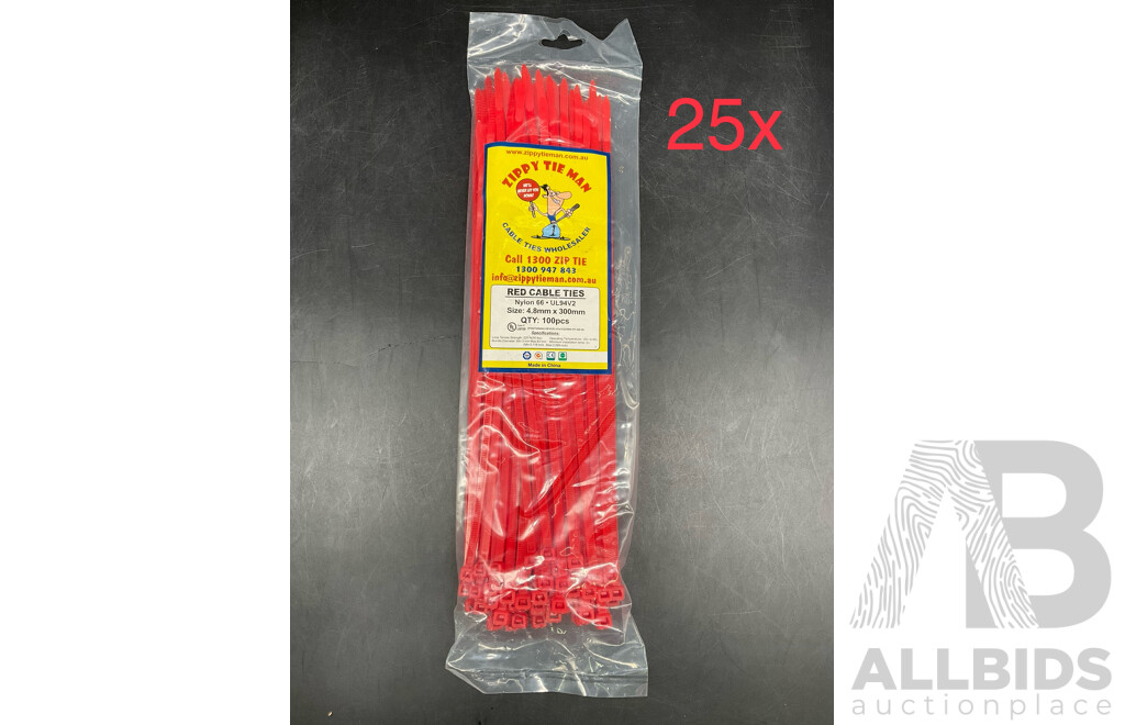 CABLE TIES Size 4.8mm X 300mm 100pcs RED - Lot of 25