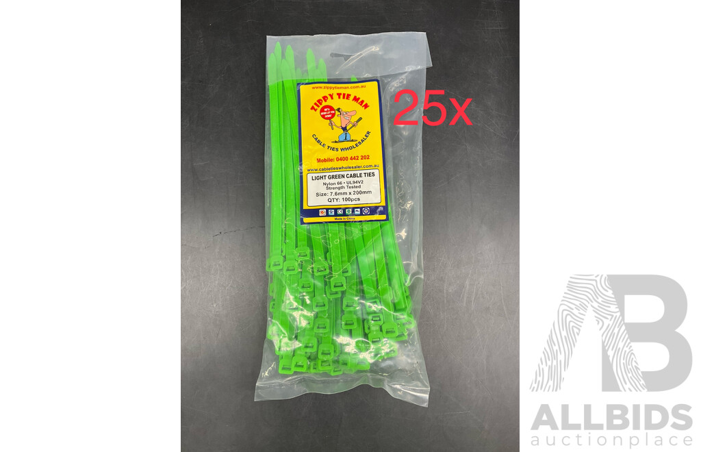 CABLE TIES Size 7.6mm X 200mm 100pcs GREEN - Lot of 25