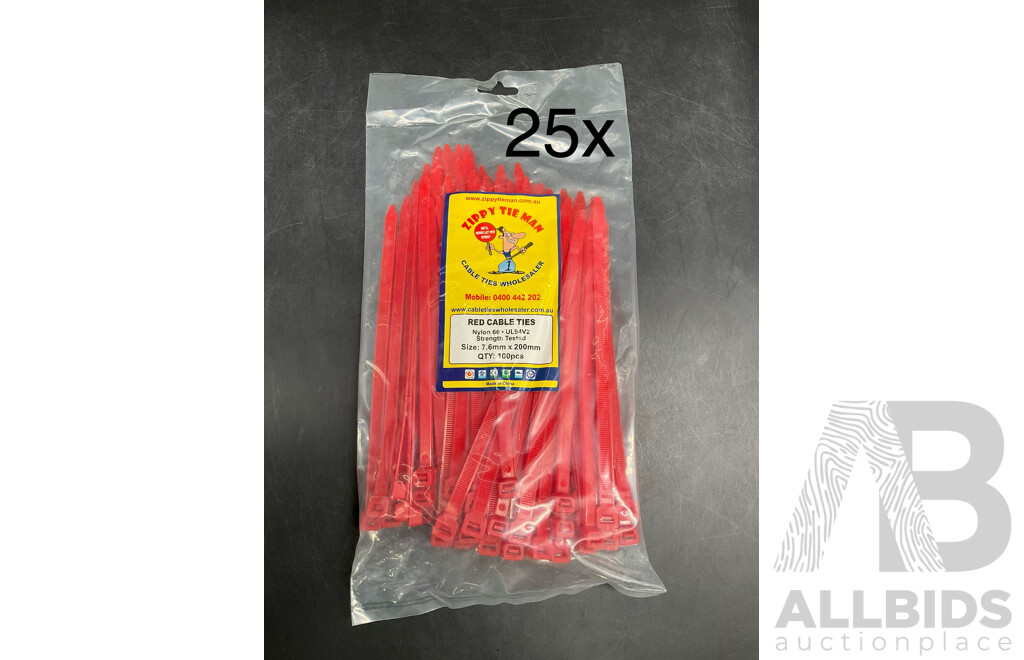 CABLE TIES Size 7.6mm X 200mm 100pcs RED - Lot of 25