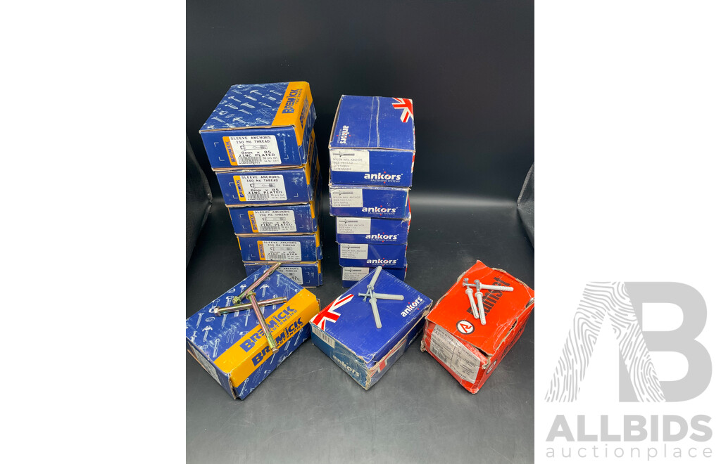 Assorted Anchors - BREMICK M6 Sleeve Anchors 6x50, ANKORS Nylon Nail Anchor 6x100, RAMSET Easydrive Masonry Anchor - Lot of 13