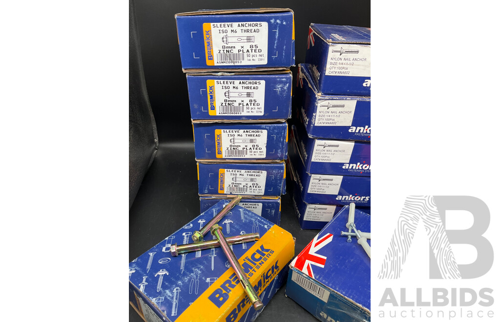 Assorted Anchors - BREMICK M6 Sleeve Anchors 6x50, ANKORS Nylon Nail Anchor 6x100, RAMSET Easydrive Masonry Anchor - Lot of 13