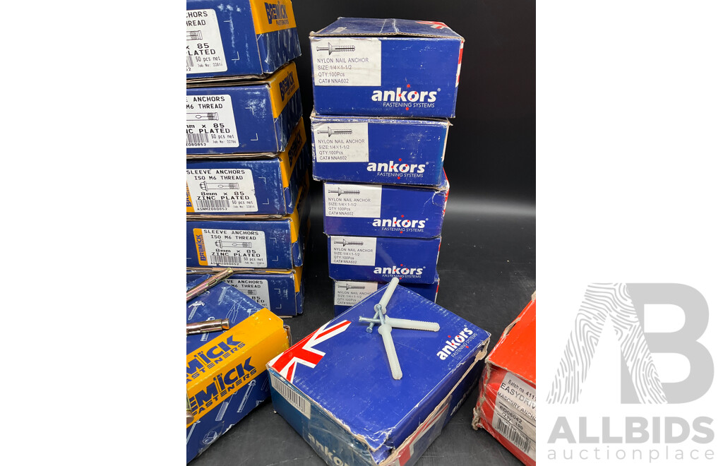 Assorted Anchors - BREMICK M6 Sleeve Anchors 6x50, ANKORS Nylon Nail Anchor 6x100, RAMSET Easydrive Masonry Anchor - Lot of 13