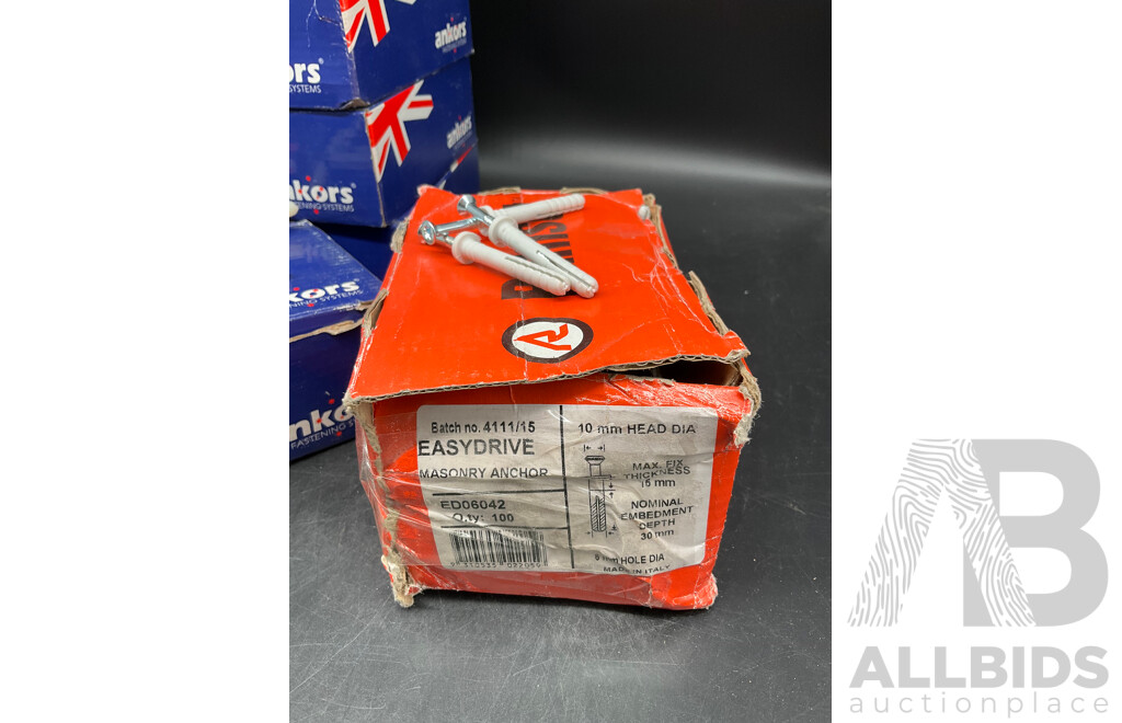 Assorted Anchors - BREMICK M6 Sleeve Anchors 6x50, ANKORS Nylon Nail Anchor 6x100, RAMSET Easydrive Masonry Anchor - Lot of 13
