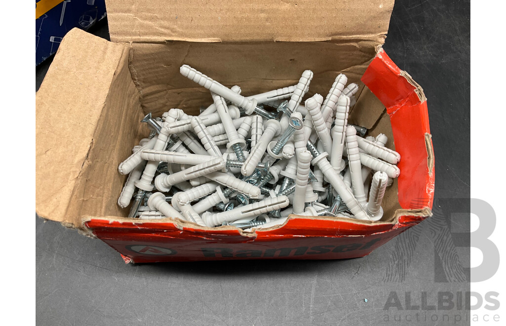 Assorted Anchors - BREMICK M6 Sleeve Anchors 6x50, ANKORS Nylon Nail Anchor 6x100, RAMSET Easydrive Masonry Anchor - Lot of 13