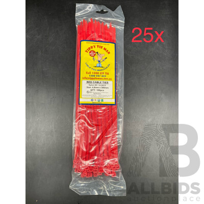 CABLE TIES Size 4.8mm X 300mm 100pcs RED - Lot of 25