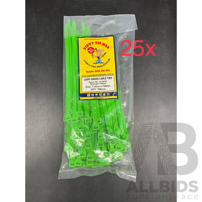 CABLE TIES Size 7.6mm X 200mm 100pcs GREEN - Lot of 25