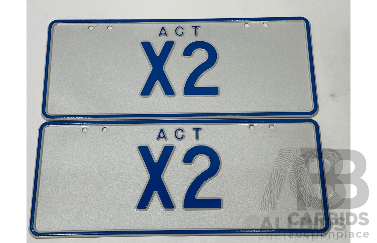 ACT Two Character Alpha Numeric Number Plate - X2 (Letter X, Number 2)