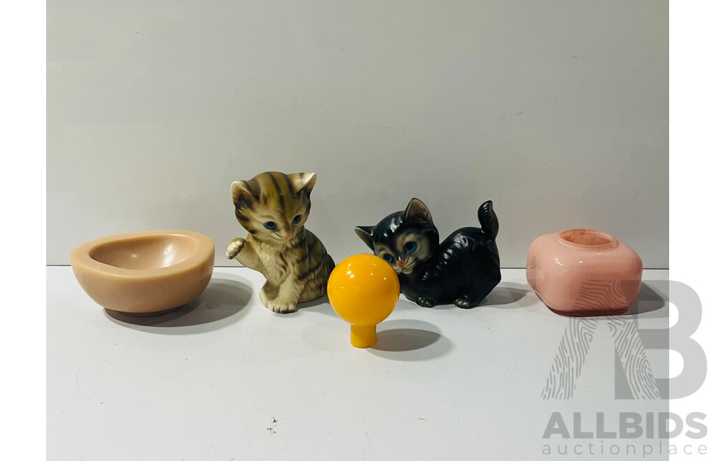 Pair Cutsie Ceramic Mid Centuy Japanese Cats, Beeswax Bowl & Glass Bottle with Round Lid