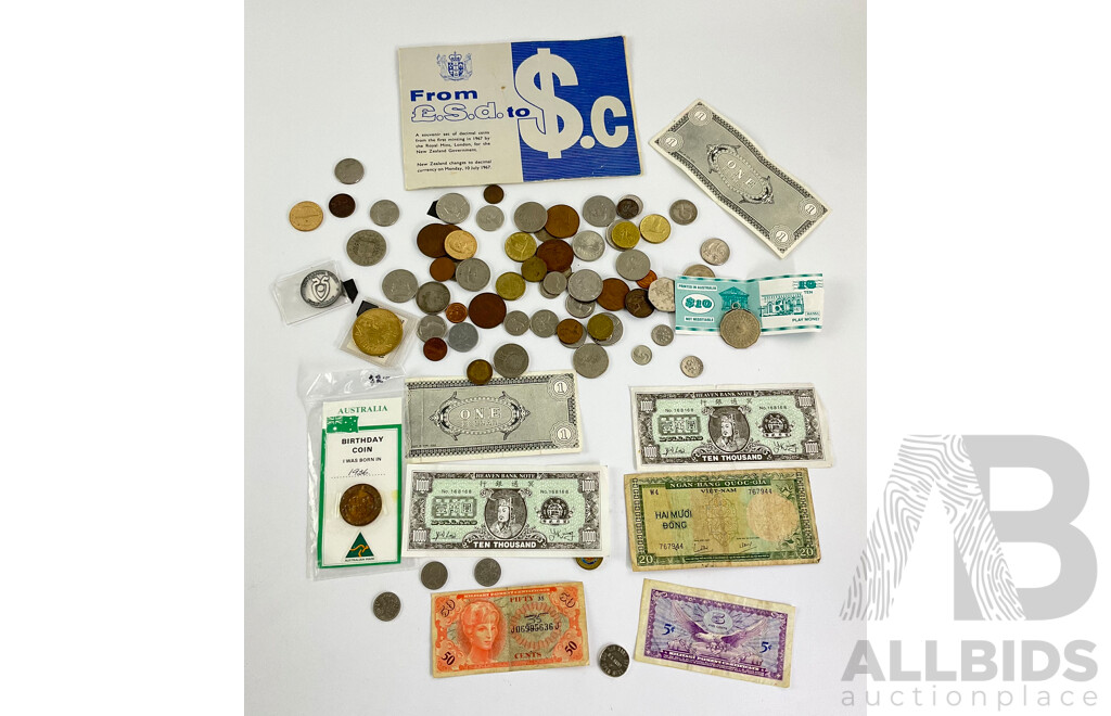 Collection of International Currency Including USA Milatary Banknotes and Coin, UK, Australia, Vietnam, New Zealand and More