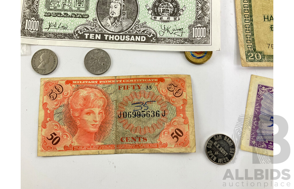 Collection of International Currency Including USA Milatary Banknotes and Coin, UK, Australia, Vietnam, New Zealand and More