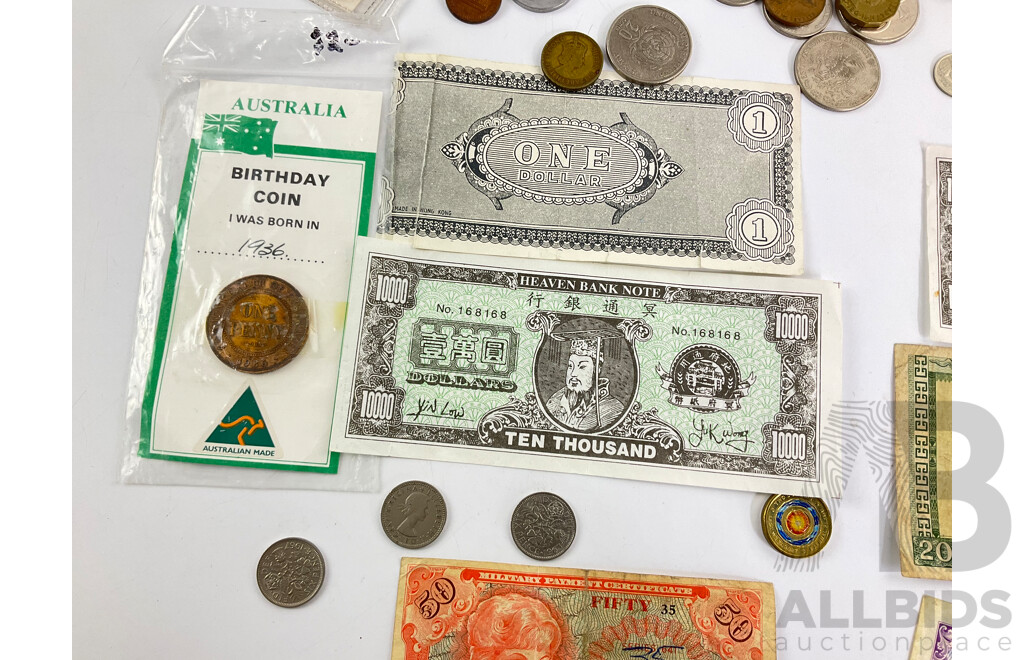 Collection of International Currency Including USA Milatary Banknotes and Coin, UK, Australia, Vietnam, New Zealand and More