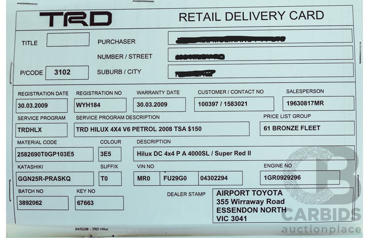 7/2008 Toyota TRD Hilux 4000SL Build No.350 (4x4) GGN25R 4d Dual Cab P/Up Super Red Supercharged V6 4.0L