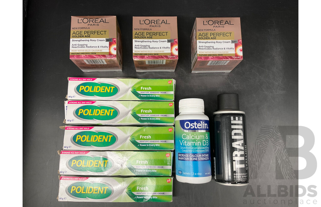 LOREAL, POLIDENT, OSTELIM Assorted Cosmetics - Lot of 10