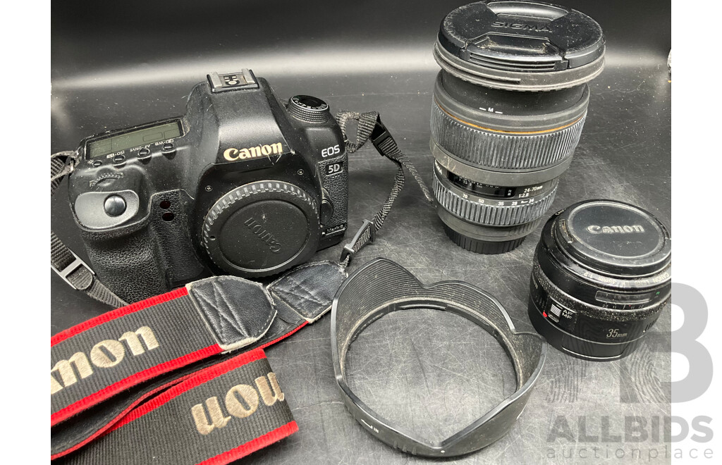 CANON EOS 5D Mark II Camera, CANON Lens EF 35mm, SIGMA Lens Macro 24-70mm - Lot of 3