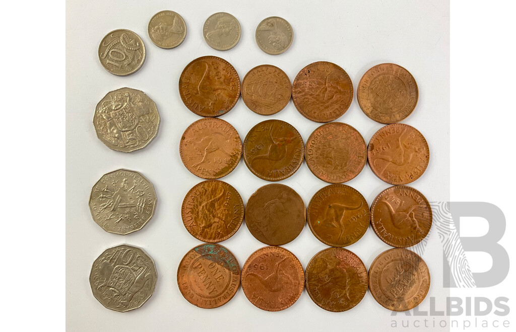 Australian Pennies KGV and KGVI, Fifty Cents 1982 Commonwealth Games, 1975, 1984, UK 1875 Penny