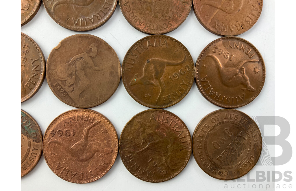 Australian Pennies KGV and KGVI, Fifty Cents 1982 Commonwealth Games, 1975, 1984, UK 1875 Penny