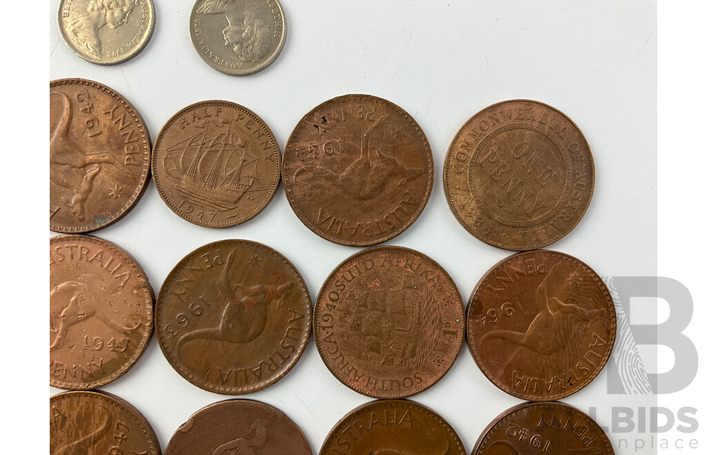 Australian Pennies KGV and KGVI, Fifty Cents 1982 Commonwealth Games, 1975, 1984, UK 1875 Penny