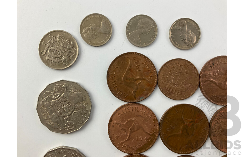 Australian Pennies KGV and KGVI, Fifty Cents 1982 Commonwealth Games, 1975, 1984, UK 1875 Penny