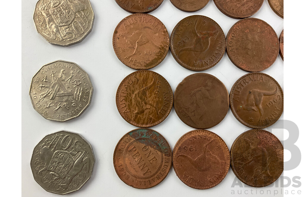 Australian Pennies KGV and KGVI, Fifty Cents 1982 Commonwealth Games, 1975, 1984, UK 1875 Penny