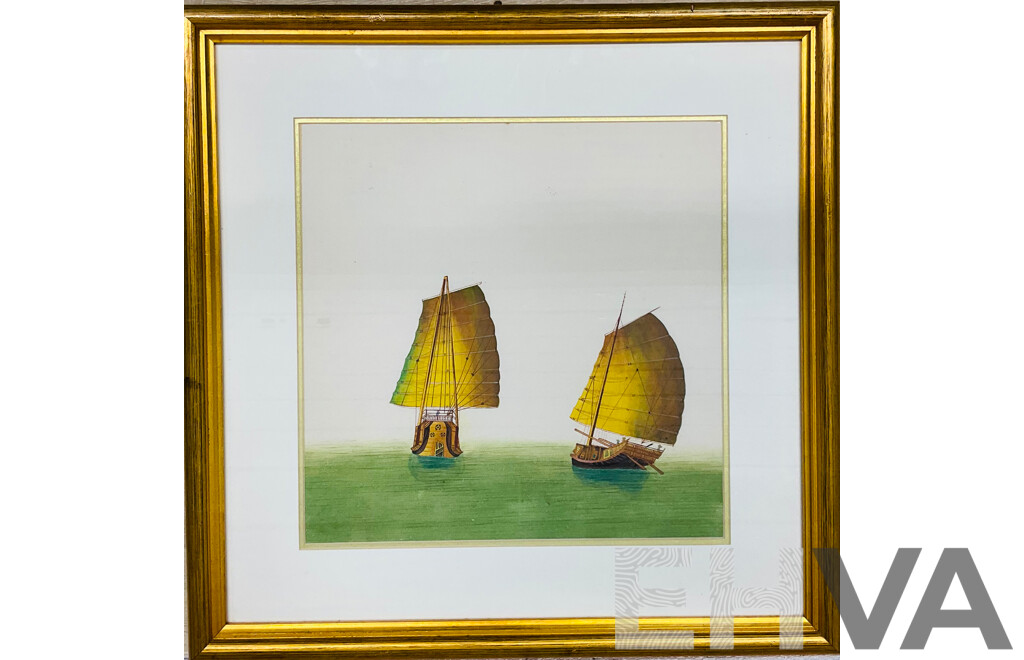 Chinese Junk Painting with Gold Wooden Frame(53x53x2.5cm)