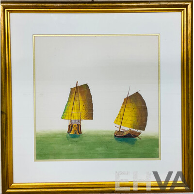 Chinese Junk Painting with Gold Wooden Frame(53x53x2.5cm)